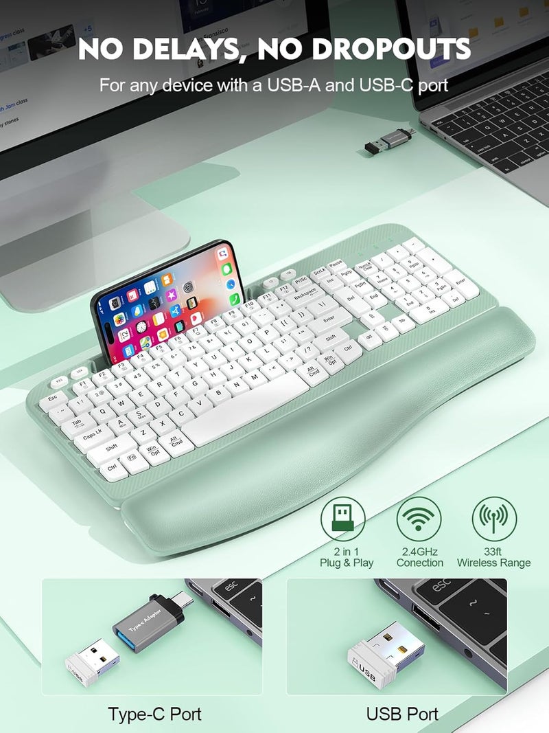 EAYBLLY Ergonomic Wireless Keyboard with Cushioned Wrist Rest, Wave Keys, Phone Holder, Comfortable Natural Typing, 2.4GHz Full Size Cordless USB Computer Keyboard for Windows, Mac OS, Laptop, PC (Mint Green) - Image 5
